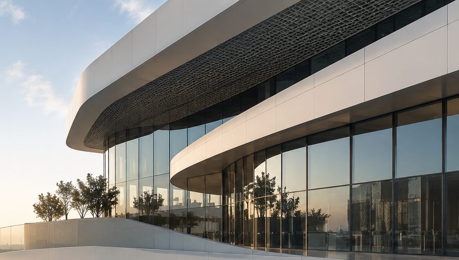 A curved contemporary building above a city skyline at golden hour.
