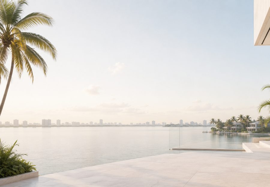 A waterfront terrace with a bay and city skyline beyond.
